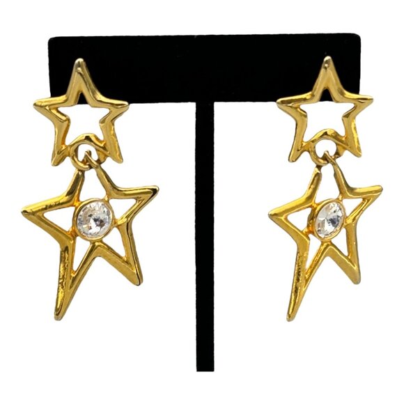 80s / 90s Glam Rockstar Gold Star & Rhinestone Vintage Dangle Costume Earrings - Picture 2 of 7